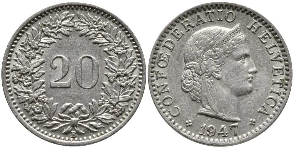 ШВЕЙЦАРИЯ 20 РАППЕНОВ 1947 В KM 29а медно-никель 4539-546