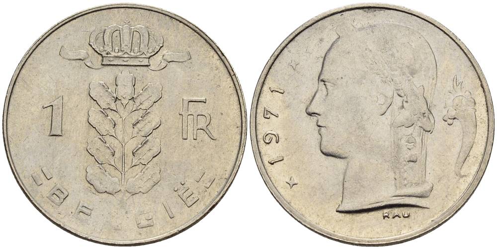 Бельгия 1 франк 1971 Belgie, Бодуэн I (1951-1993) KM 143.1 медно-никель 4546-415