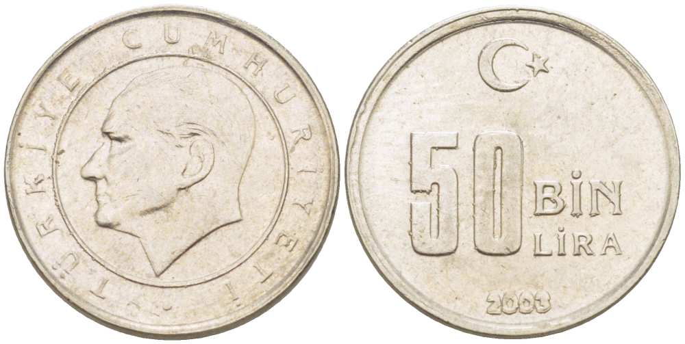 Турция 50000 лир 2003 Мустафа Кемаль Ататюрк KM 1105 медь никель цинк 217-914
