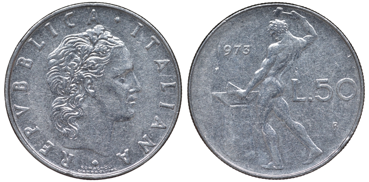 Италия 50 лир 1973 R, бог Вулкан у наковальни KM 95.1 нержавеющая сталь 4142-1151