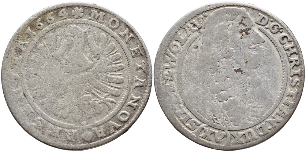 Силезия-Лигниц-Бриг и Волау 15 крейцеров 1664 Кристиан KM 434 серебро 1530-514