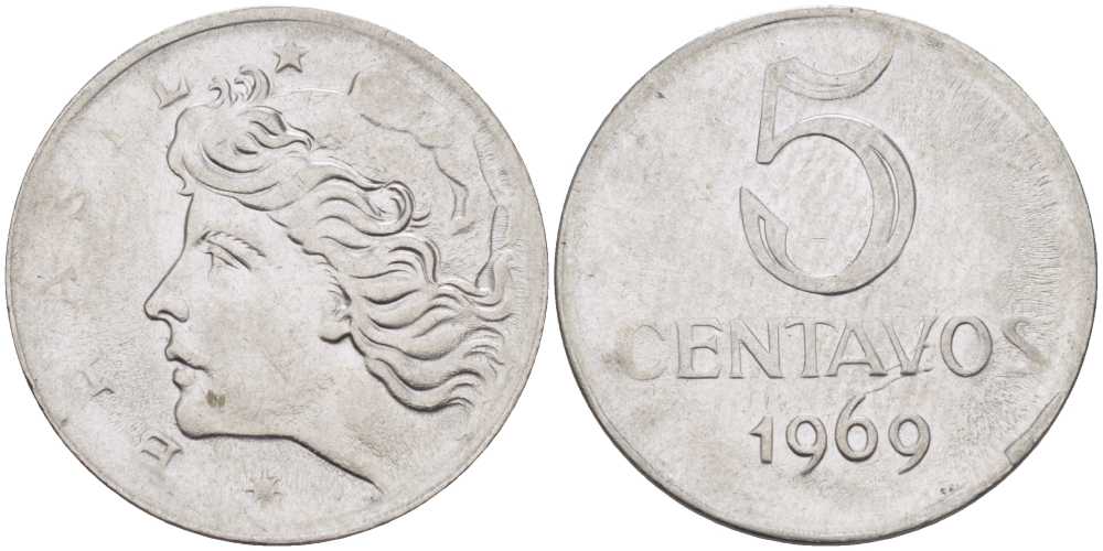 Бразилия 5 сентаво 1969  голова свободы влево KM 577.2, Schon 82a нержавеющая сталь 58-552