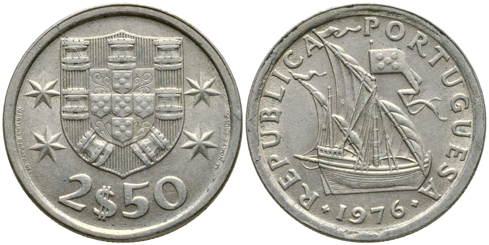 ПОРТУГАЛИЯ 2,5 ЭСКУДО 1976 ПАРУСНИК KM 590 медно-никель 4387-122