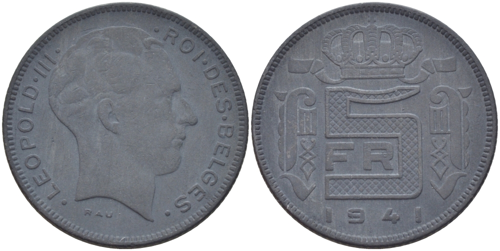 БЕЛЬГИЯ 5 ФРАНКОВ 1941 BELGES, ГЕРМАНСКАЯ ОККУПАЦИЯ, ВТОРАЯ МИРОВАЯ ВОЙНА KM 129.1 цинк 31-1244