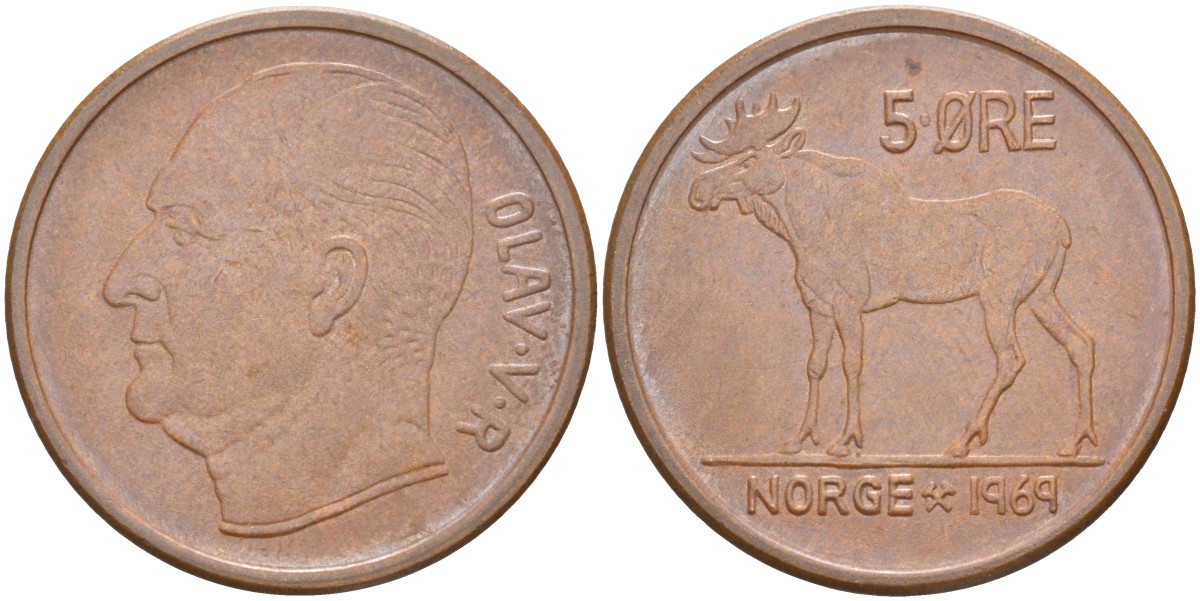 Норвегия 5 эре 1969 ЛОСЬ, Улаф V (1958-1991) KM 405 бронза 3855-1214