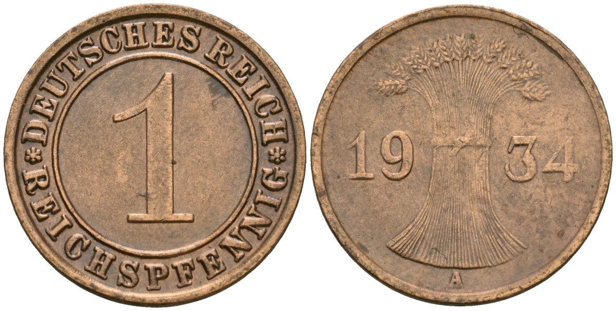 Германия 1 рейхспфенниг 1934 A KM 37, J. 313 бронза 4189-1255