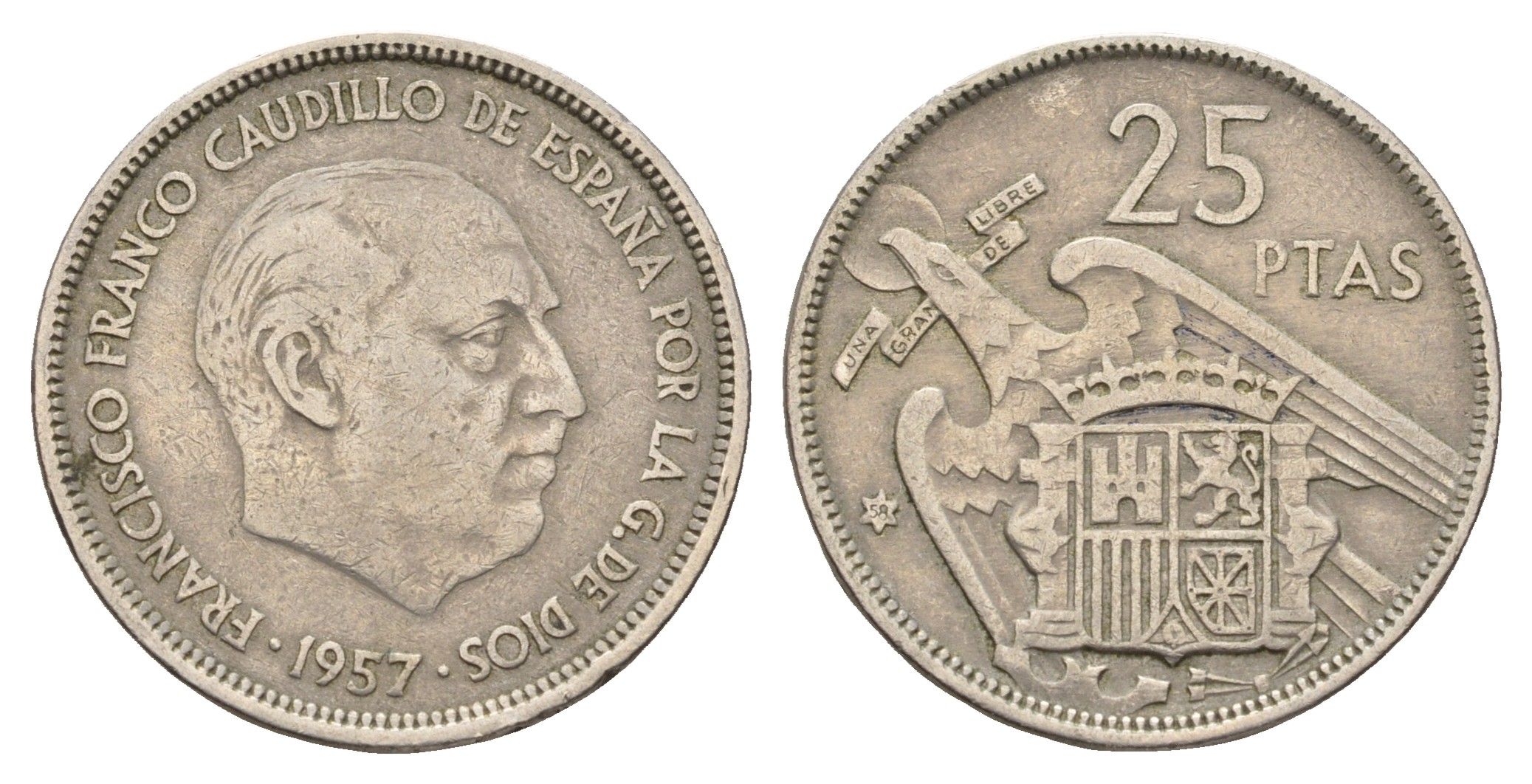 Испания 25 песет 1957 (58) Франсиско Франко (1939-1975) KM 787 медно-никель 4671-1027