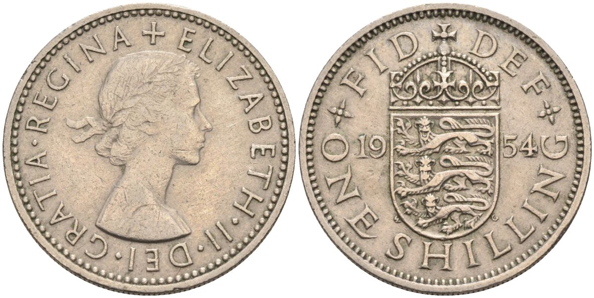 Великобритания 1 шиллинг 1954 Елизавета II (1952-2022), Английский герб KM 904, Spink 4147 медно-никель 4116-834