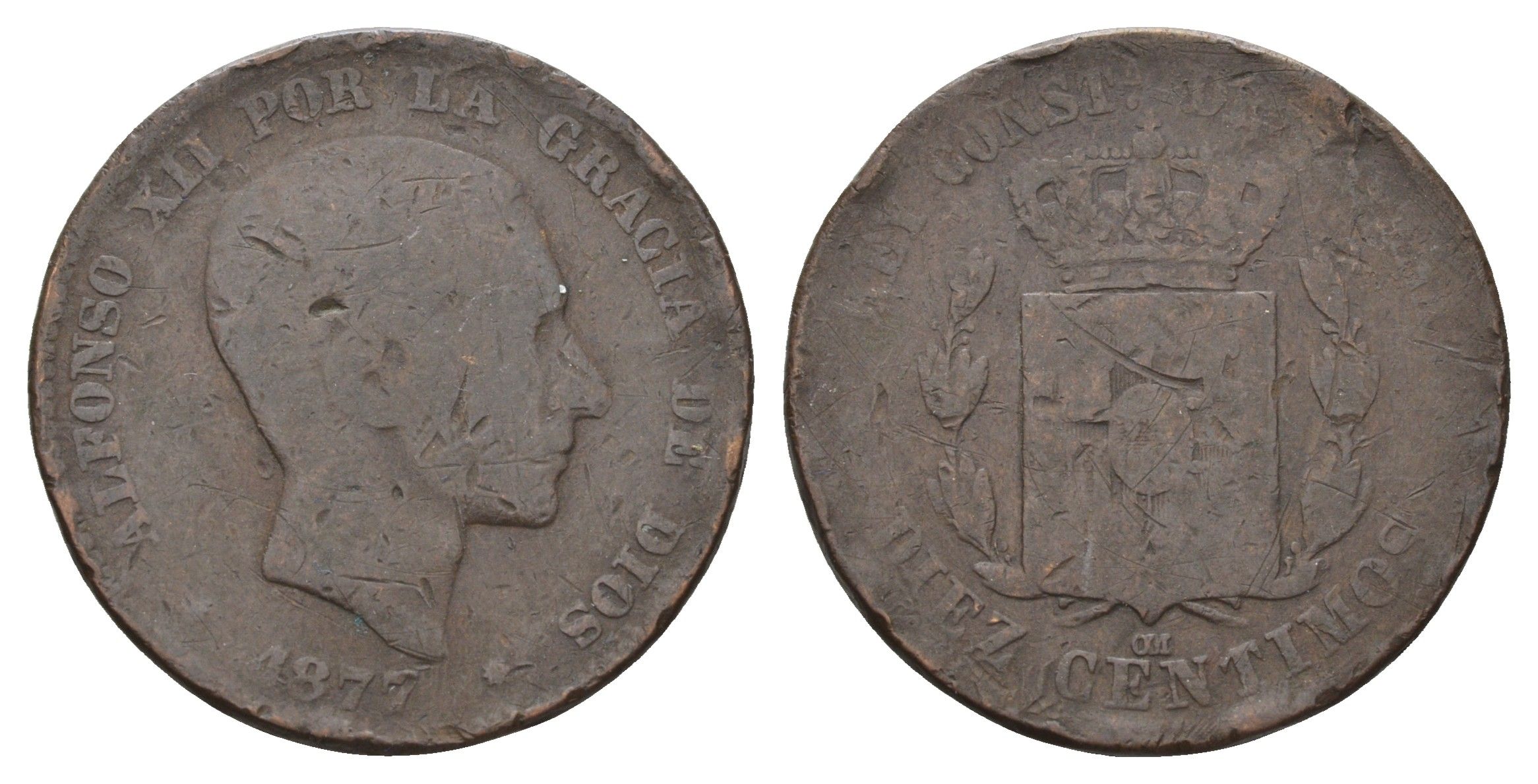 Испания 10 сентимо 1877 OM, Альфонсо XII (1874-1885) KM 675 бронза 4692-845