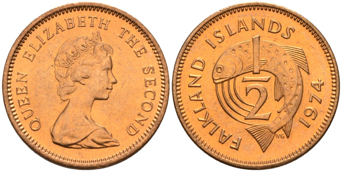 Фолклендские острова 1/2 пенни 1974 Елизавета II (1952-2022), лосось KM 1 бронза 4154-126