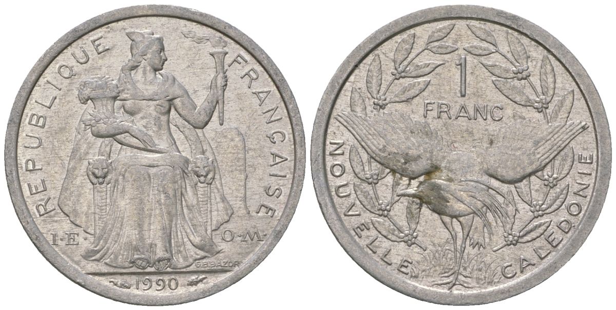 Французская Новая Каледония 1 франк 1990 птица кагу, (IEOM) KM 10, Schoen 10, Lec 50 алюминий 53-822
