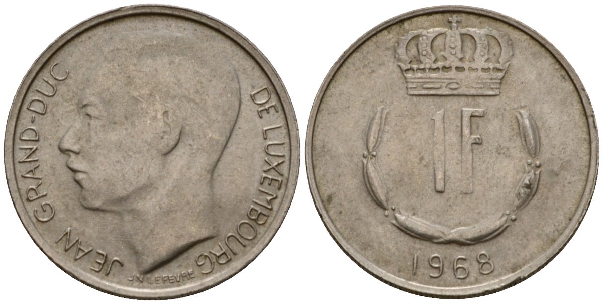 Люксембург 1 франк 1968 Великий герцог Жан (1964-1999) KM 55 медно-никель 4603-1122