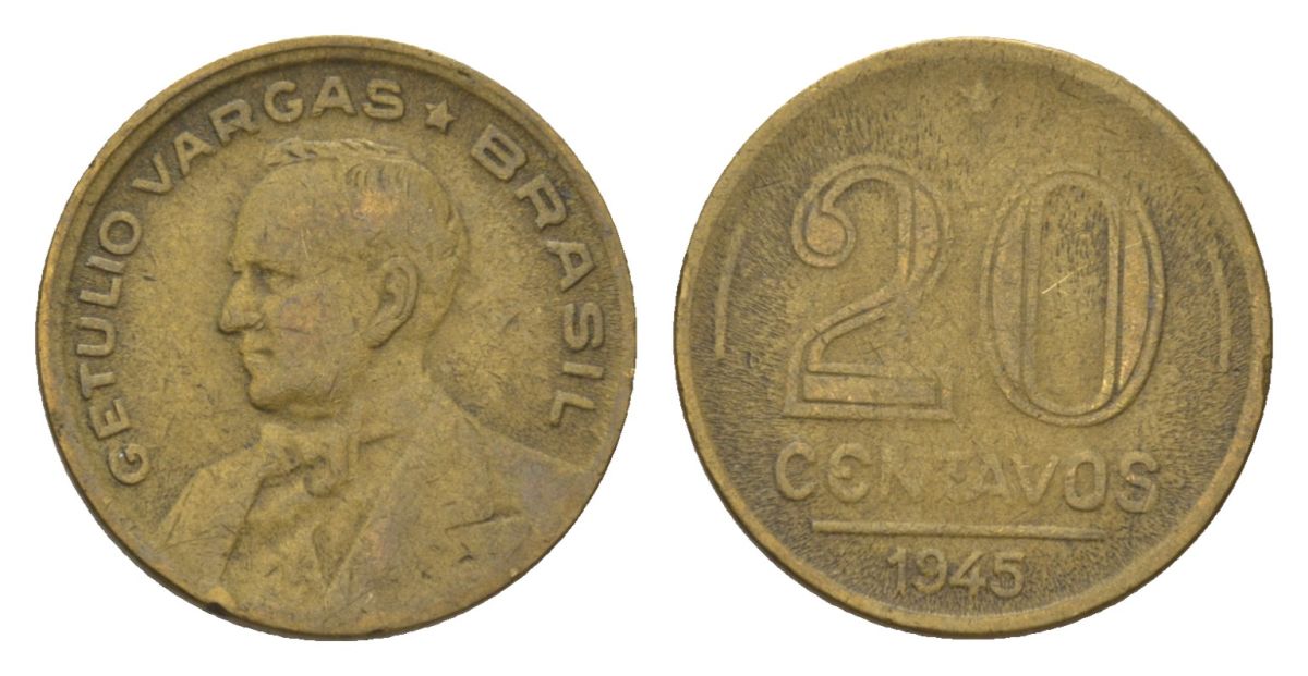 Бразилия 20 сентаво 1945 Жетулиу Варгас KM 556a алюминиевая бронза 4625-942