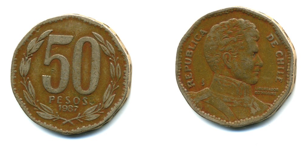 Чили 50 песо 1987 Бернардо О’Хиггинс KM 219.1 алюминиевая бронза 37-1243