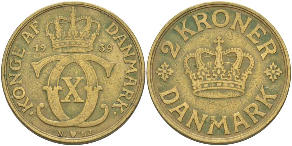 ДАНИЯ 2 КРОНЫ 1939 N; GJ, КРИСТИАН X (1912-1947) KM 825.2 алюминиевая бронза 38-434