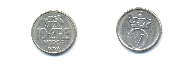 НОРВЕГИЯ 10 ЭРЕ 1969 ПЧЕЛА KM 411 медно-никель 4379-955