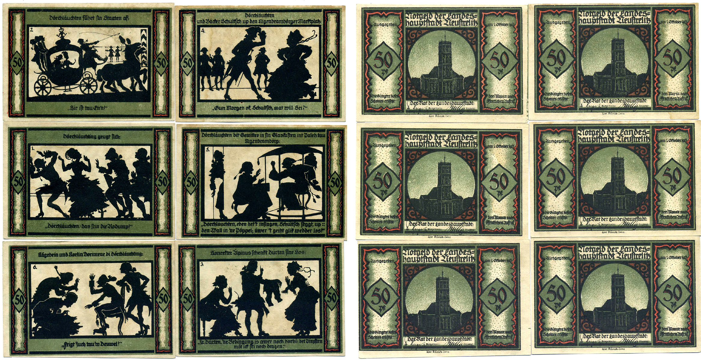 НОЙШТРЕЛИЦ НАБОР ИЗ 6 БАНКНОТ ПО 50 ПФЕННИГОВ 1921 1 ОКТЯБРЯ 1921, НОТГЕЛЬД, ЗЕМЛЯ МЕКЛЕНБУРГ-ПЕРЕДНЯЯ ПОМЕРАНИЯ, ПОЛНЫЙ КОМПЛЕКТ Grabowski 969.3 бумага 2193-3-1-1