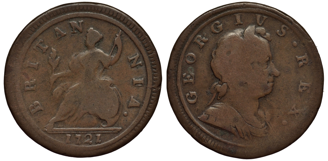 Великобритания 1/2 пенни 1721 Георг I (1714-1727) Spink 3660 медь 1523-922
