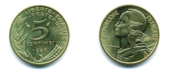 ФРАНЦИЯ 5 САНТИМОВ 1980 ТИП MARIANNE КМ 933 медь алюминий никель 3999-633