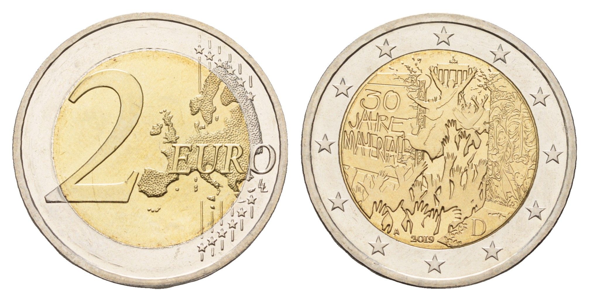 Германия 2 евро 2019 A, 30 лет падению Берлинской стены KM 429 биметалл UNC 72-1756