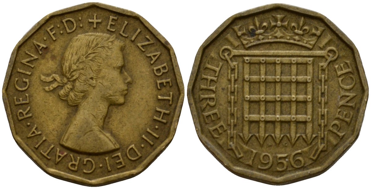 Великобритания 3 пенса 1956 Елизавета II (1952-2022) KM 900, Spink 4153 никель латунь 4601-441