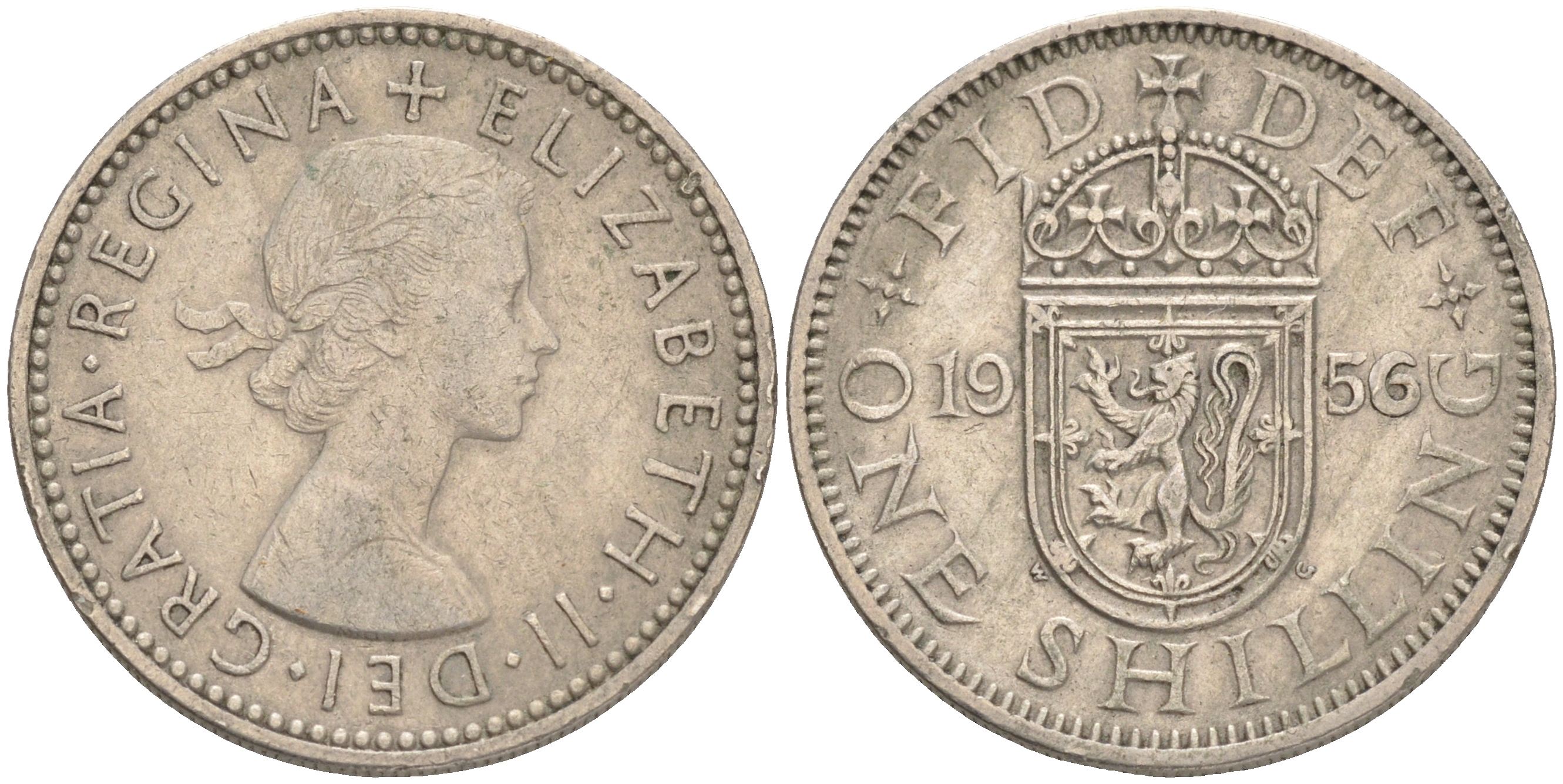 Великобритания 1 шиллинг 1956 Елизавета II (1952-2022), Шотландский герб KM 905, Spink 4148 медно-никель 4561-741