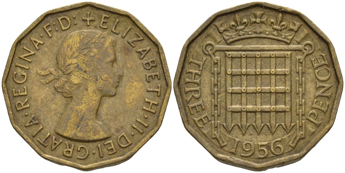 Великобритания 3 пенса 1956 Елизавета II (1952-2022) KM 900, Spink 4153 никель латунь 4146-341