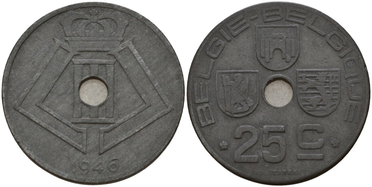 Бельгия 25 сантимов 1946 Belgie - Belgique, Леопольд III (1934-1947), германская оккупация, Вторая мировая война KM 132 цинк 4157-715