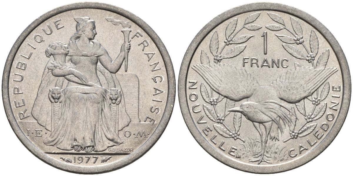 Французская Новая Каледония 1 франк 1977 KM 10 алюминий 4153-645
