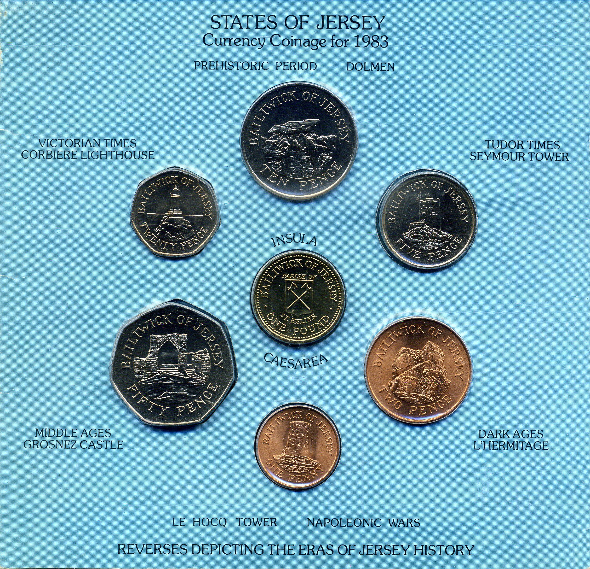 Джерси набор из 7 монет (1, 2, 5, 10, 20 и 50 пенсов; 1 фунт) 1983 в оригинальном буклете, тираж 25.000 экземпляров KM 54, 55, 56, 57.1, 58.1 и 59 и 66 BU 7-7-16