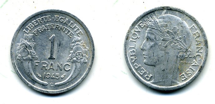 ФРАНЦИЯ 1 ФРАНК 1945 C KM 885a.3 алюминий 29-527