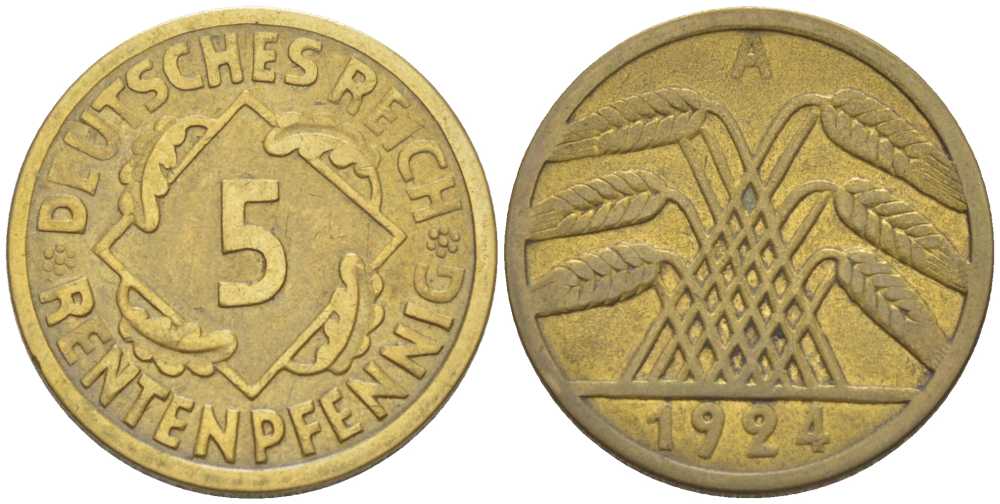 ГЕРМАНИЯ 5 РЕНТЕНПФЕННИГОВ 1924 A KM 43, J. 308, Weege 6 алюминиевая бронза 206-762