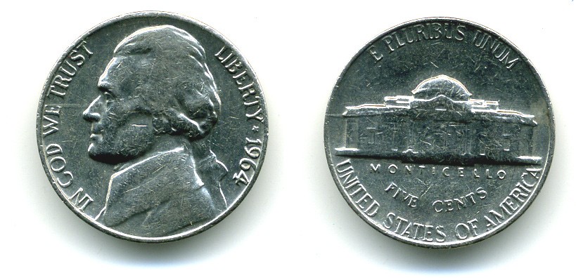 США 5 ЦЕНТОВ 1964 ДЖЕФФЕРСОН KM A192 медно-никель 53-447