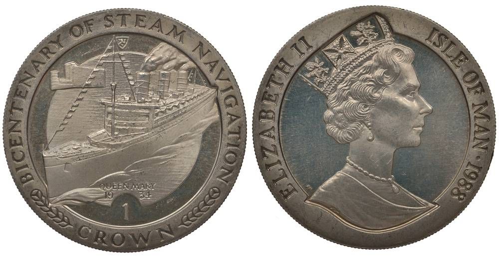 ОСТРОВ МЭН 1 КРОНА 1988 200 ЛЕТ ПАРОХОДАМ, ПАРОХОД 'КУИН МЭРИ' 1934 KM 232 медно-никель UNC 00-00