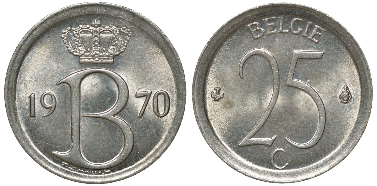 Бельгия 25 сантимов 1970 Belgie, Бодуэн I (1951-1993) KM 154.1 медно-никель 72-812