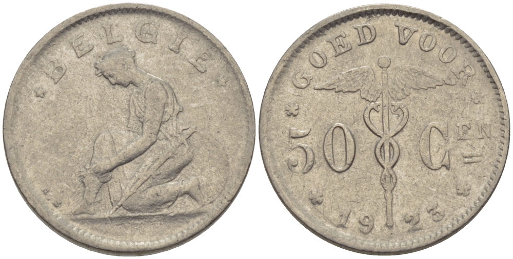 БЕЛЬГИЯ 50 САНТИМОВ 1923 BELGIE KM 88 никель 100-233