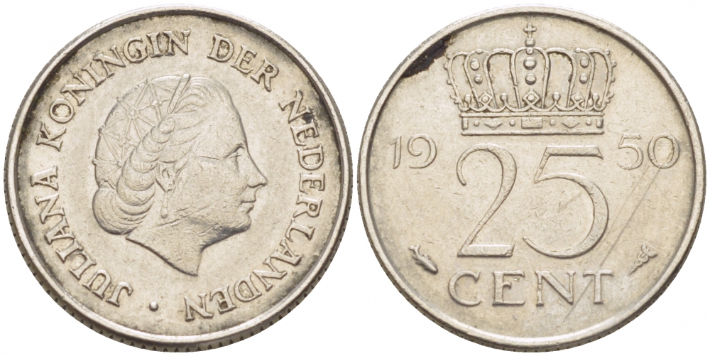 НИДЕРЛАНДЫ 25 ЦЕНТОВ 1950 ЮЛИАНА KM 183 никель 3309-635