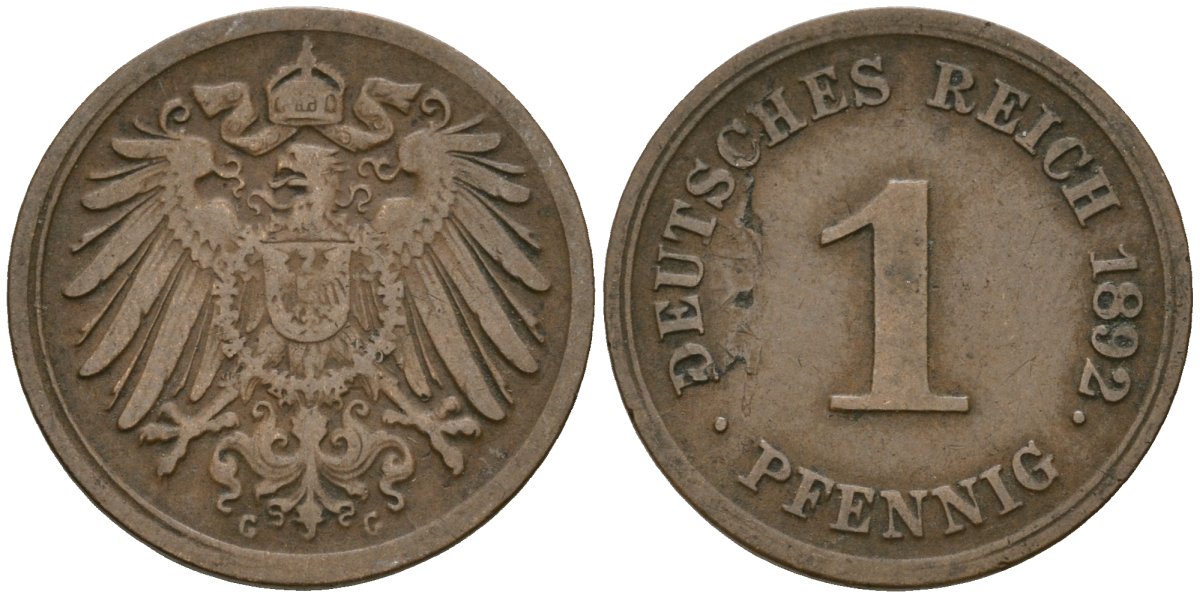 Германия 1 пфенниг 1892 G, Вильгельм II (1888-1918) KM 10, J. 10 медь 4608-218