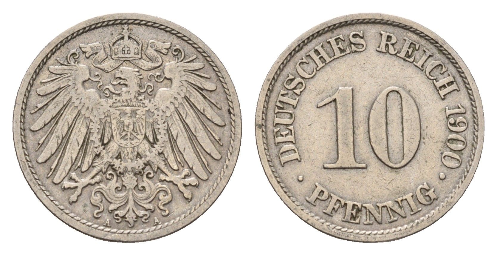 Германия 10 пфеннигов 1900 A, Вильгельм II (1888-1918) KM 12, J. 13 медно-никель 4636-769