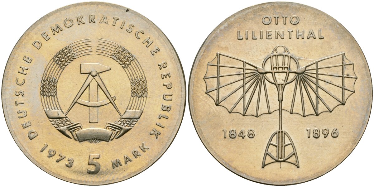 ГДР 5 марок 1973 125 лет со дня рождения Отто Лилиенталя, пионер авиации KM 43 медно-никель UNC 00-00