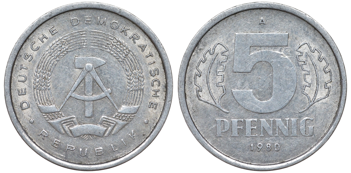 ГДР 5 ПФЕННИГОВ 1980 A KM 9.2 алюминий 62-427