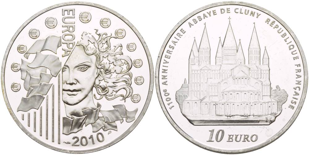 Франция 10 евро 2010 1100 лет аббатству Клюни, микроцарапины KM 1681 серебро PROOF 1088-5-53