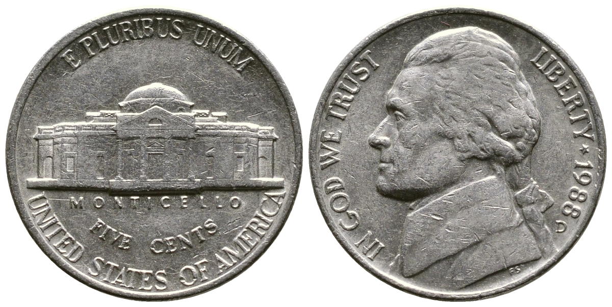 США 5 ЦЕНТОВ 1988 D, ДЖЕФФЕРСОН KM А192 медно-никель 25-2217