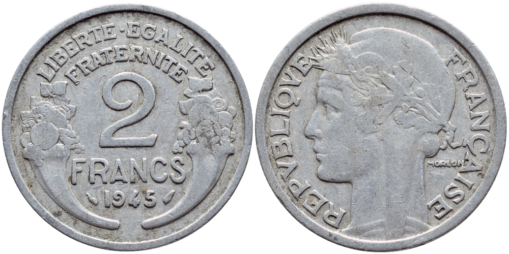 ФРАНЦИЯ 2 ФРАНКА 1945 KM 886а.1 алюминий 4397-735