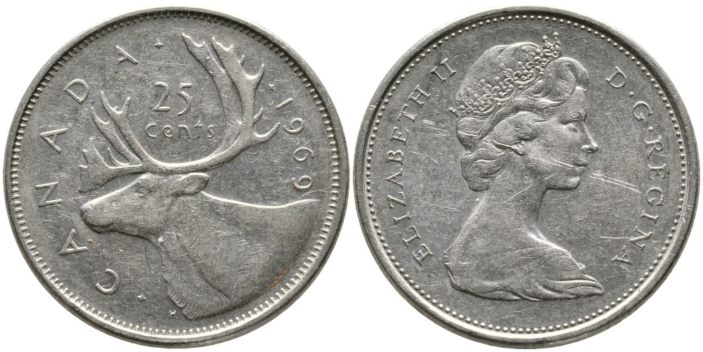 Канада 25 центов 1969 Елизавета II (1952-2022), олень KM 62 b никель 4543-726