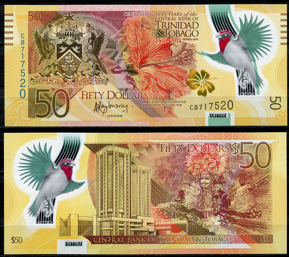 Тринидад и Тобаго 50 долларов 2014 50 лет национальной валюте, красный кардинал Pick 54 пластик UNC (пресс) 451-28-1