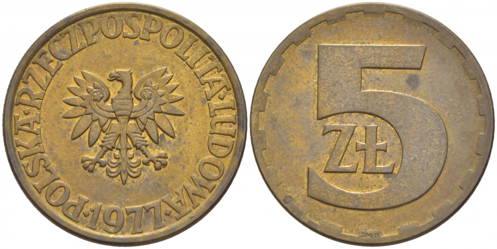 Польша 5 злотых 1977 монетный двор Ленинград (ЛМД) KM 81.1, Parchimowicz 221c латунь 4548-643