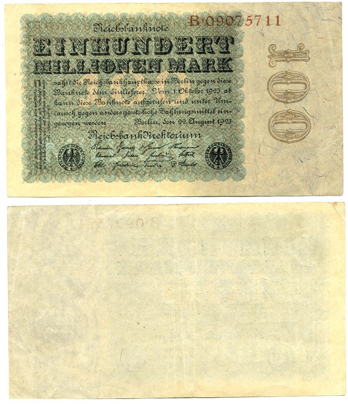 ГЕРМАНИЯ 100000000 МАРОК 1923 Pick 107 бумага 7146-10-2