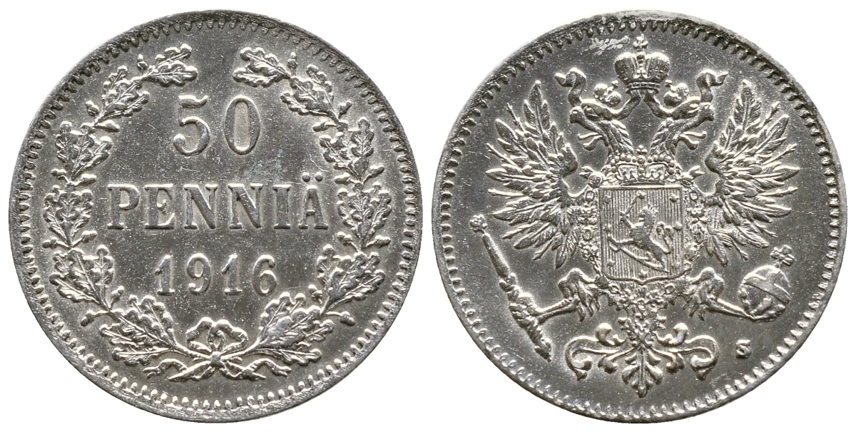 РОССИЯ ДЛЯ ФИНЛЯНДИИ 50 ПЕННИ 1916 S, НИКОЛАЙ II KM 2.2, Биткин 407 серебро 4383-114