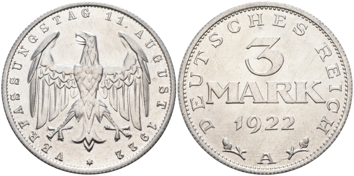 Германия 3 марки 1922 A, третья годовщина Веймарской Конституции KM 29, J.303 алюминий UNC 4587-233